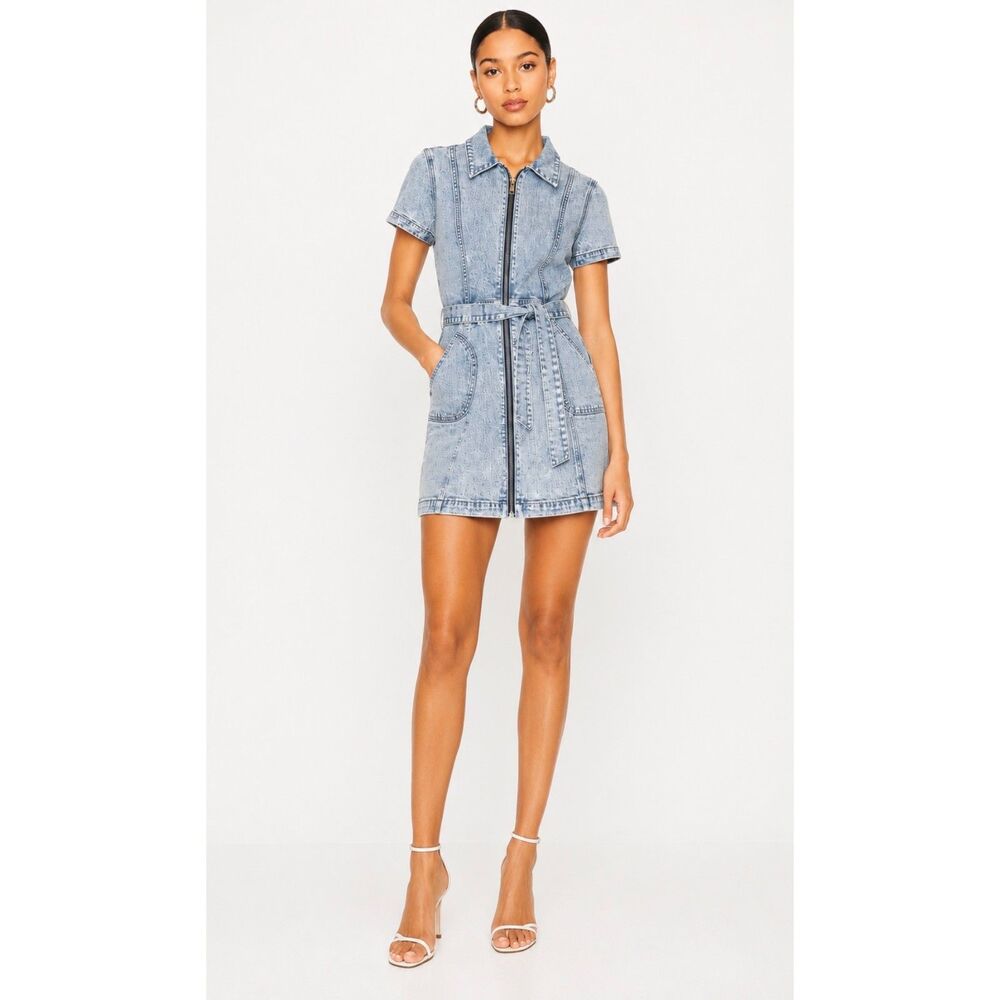 Alice + Olivia Jeans Gorgeous Zip Up Denim Mini Dress Road Trip Belted Size 6
